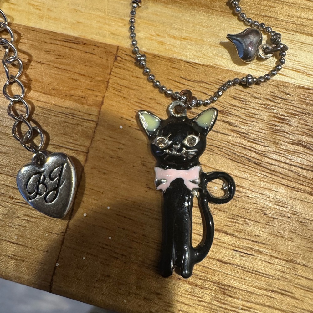 Betsey Johnson Black Cat Necklace with Pink Bow